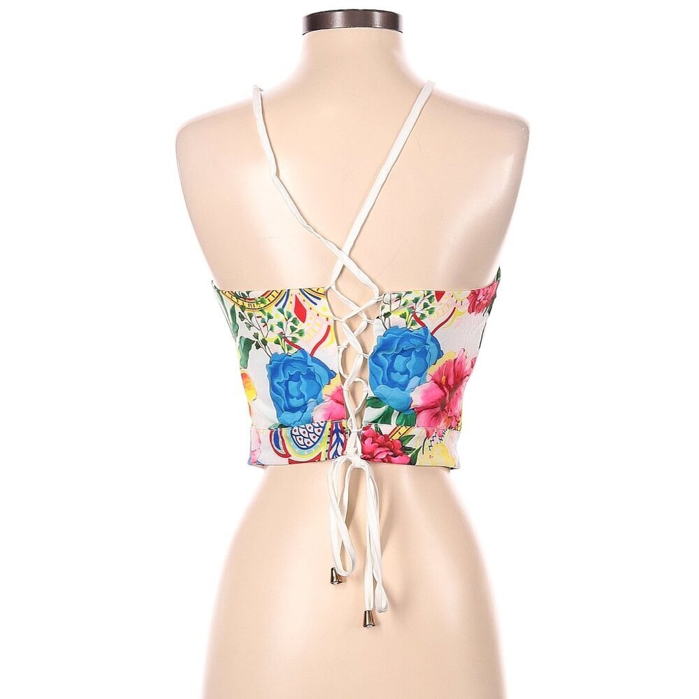 Chicways Sleeveless Blouse Small White Blue Pink Yellow Red Green Floral Print